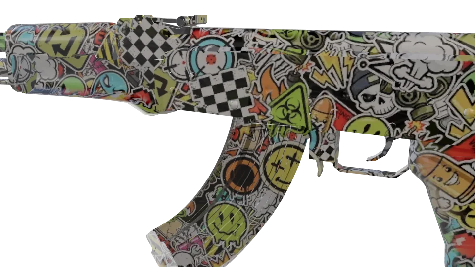 Sticker Shock camo on an AK-47, close-up of the receiver and magazine