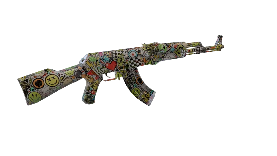 Sticker Shock camo on an AK-47, rear three-quarter view