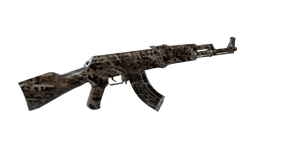 Stockpile camo on an AK-47, rear three-quarter view