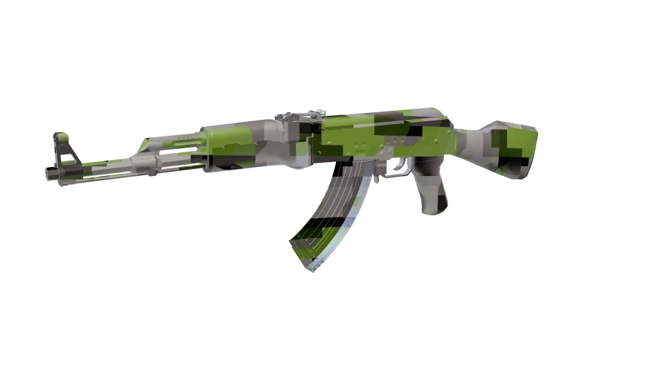 Stone Bits camo on an AK-47, front three-quarter view