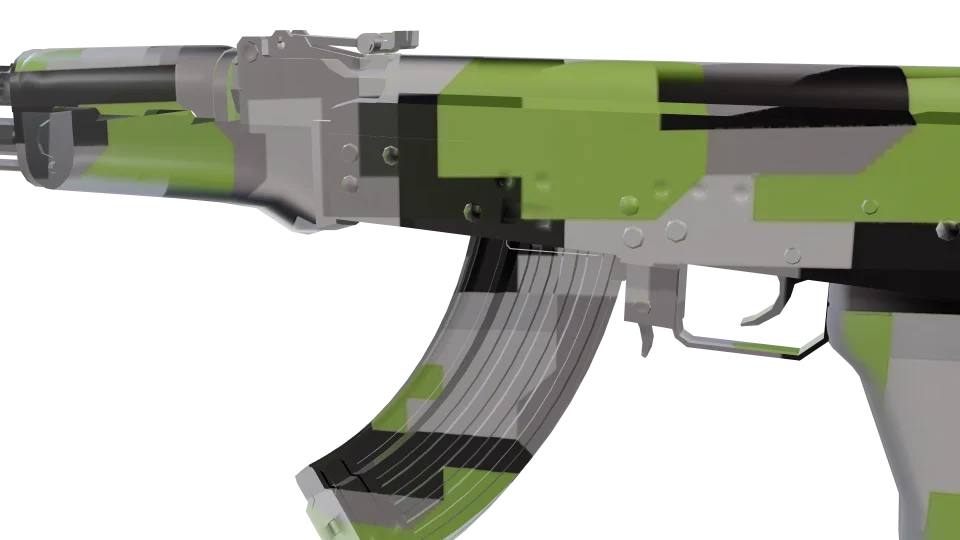 Stone Bits camo on an AK-47, close-up of the receiver and magazine