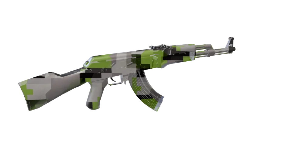 Stone Bits camo on an AK-47, rear three-quarter view