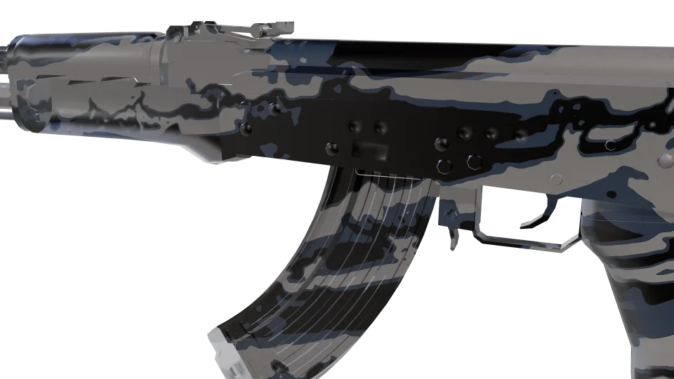 Stormwave camo on an AK-47, close-up of the receiver and magazine