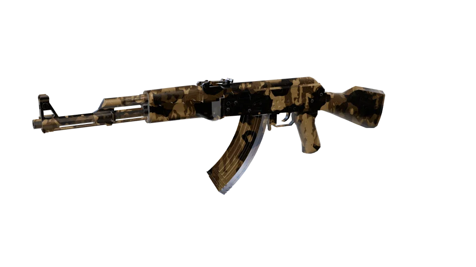 Struck Oil camo on an AK-47, front three-quarter view