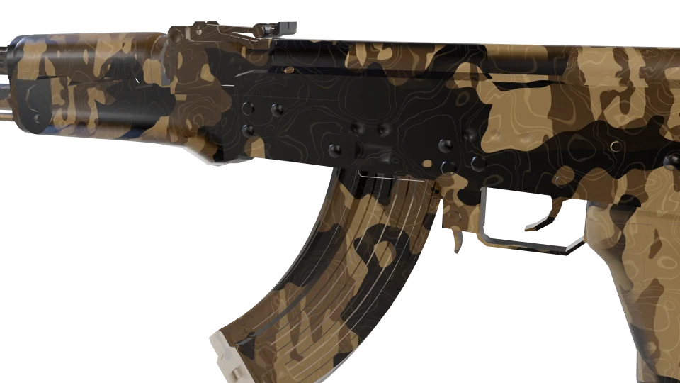 Struck Oil camo on an AK-47, close-up of the receiver and magazine