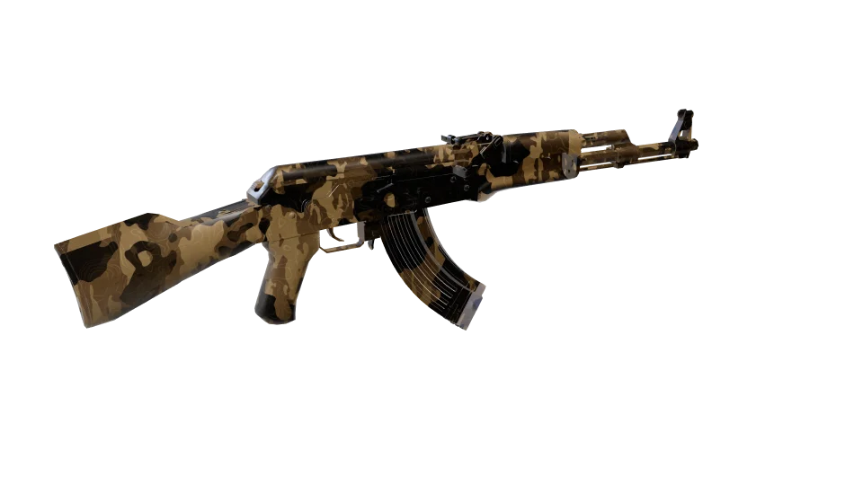 Struck Oil camo on an AK-47, rear three-quarter view