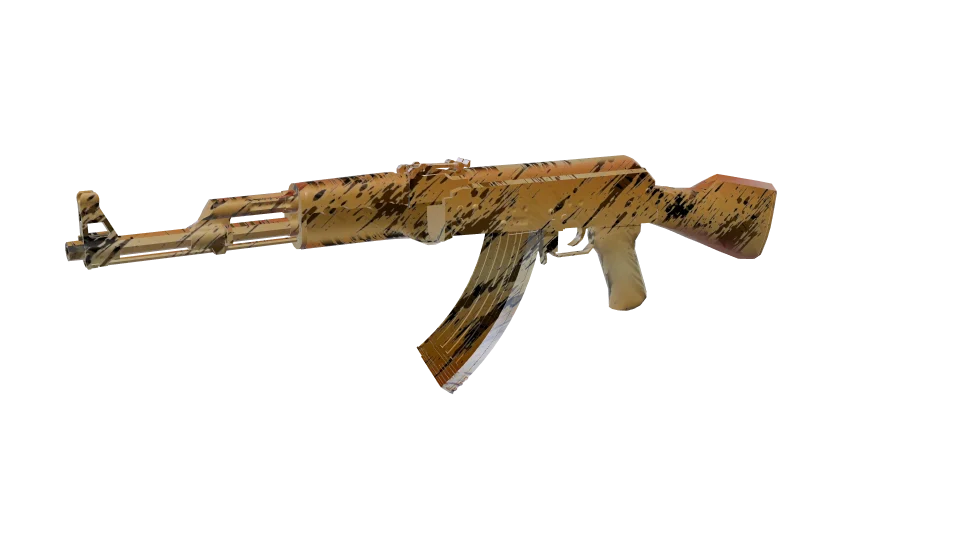 Sunburn camo on an AK-47, front three-quarter view