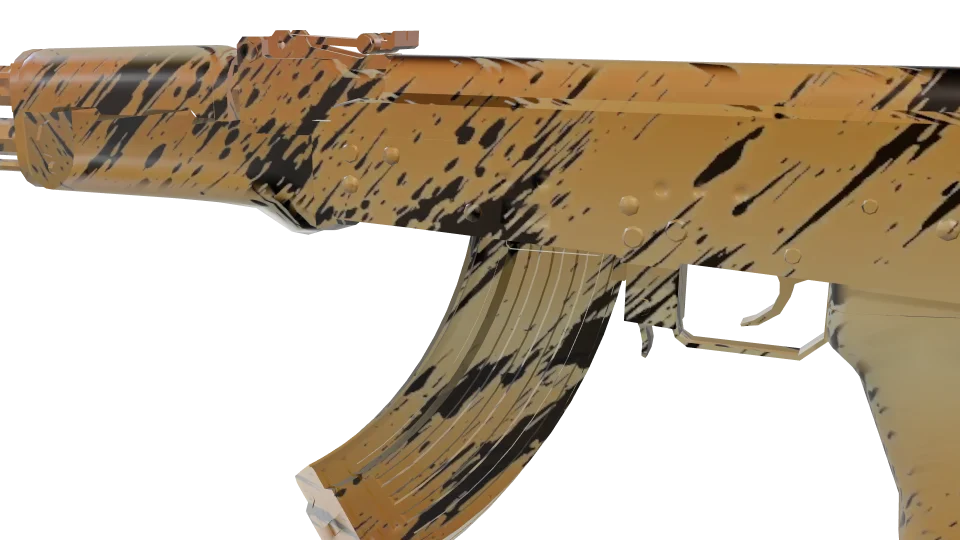Sunburn camo on an AK-47, close-up of the receiver and magazine
