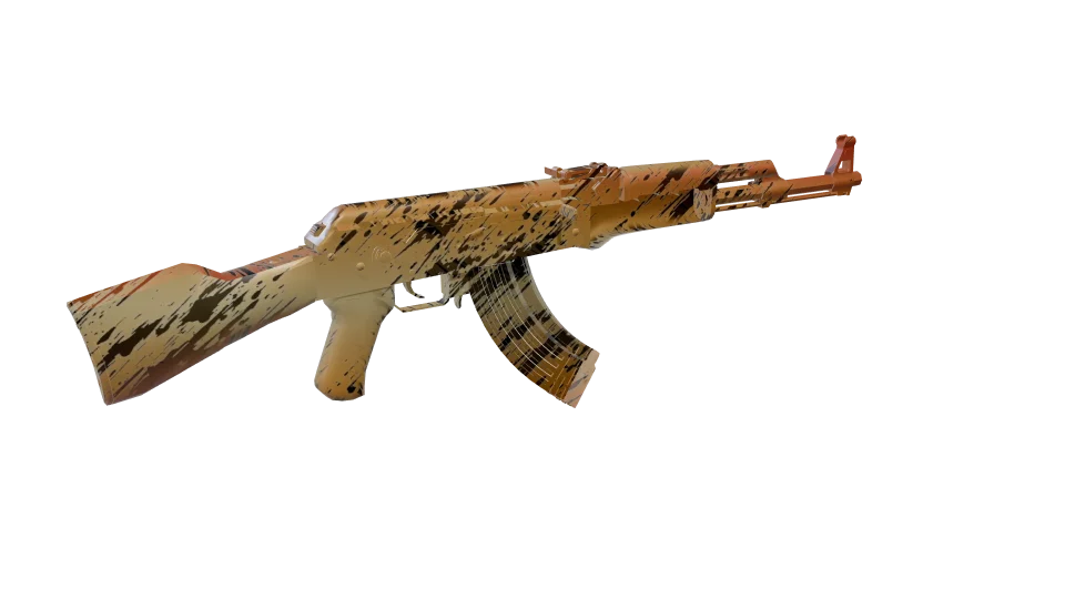 Sunburn camo on an AK-47, rear three-quarter view
