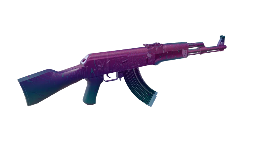Sunset Tropic camo on an AK-47, rear three-quarter view