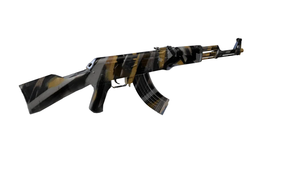 Tectonic camo on an AK-47, rear three-quarter view