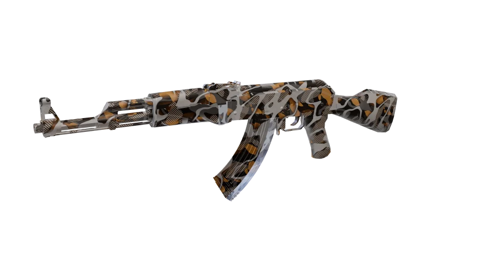 Tension camo on an AK-47, front three-quarter view
