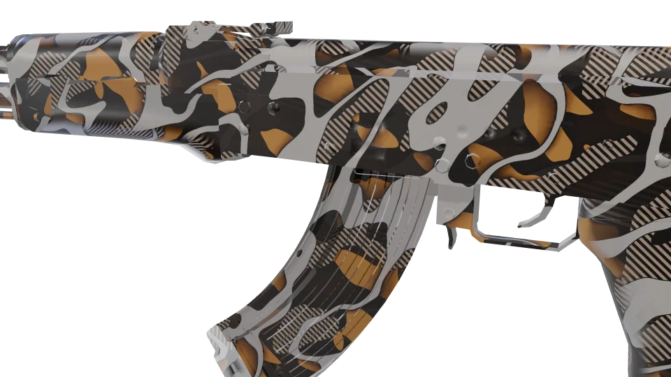 Tension camo on an AK-47, close-up of the receiver and magazine