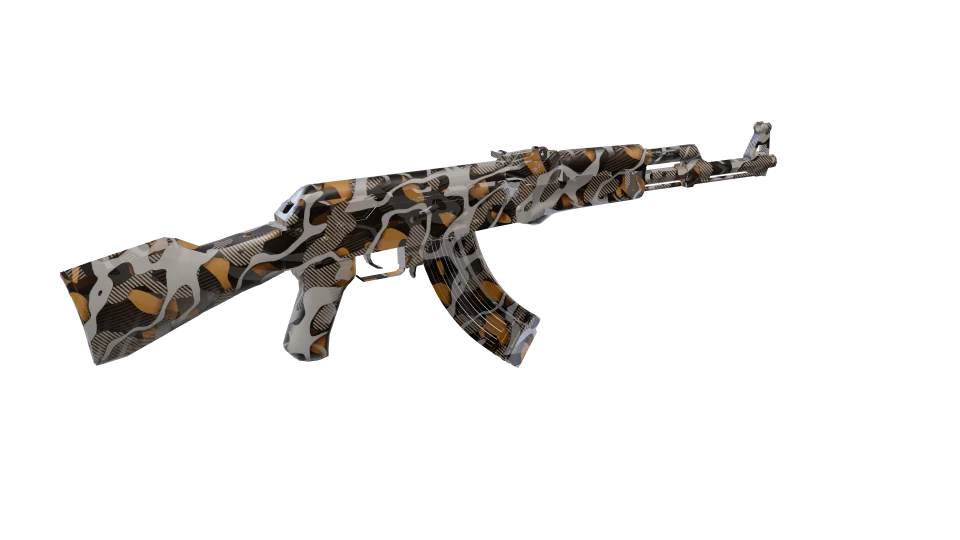 Tension camo on an AK-47, rear three-quarter view