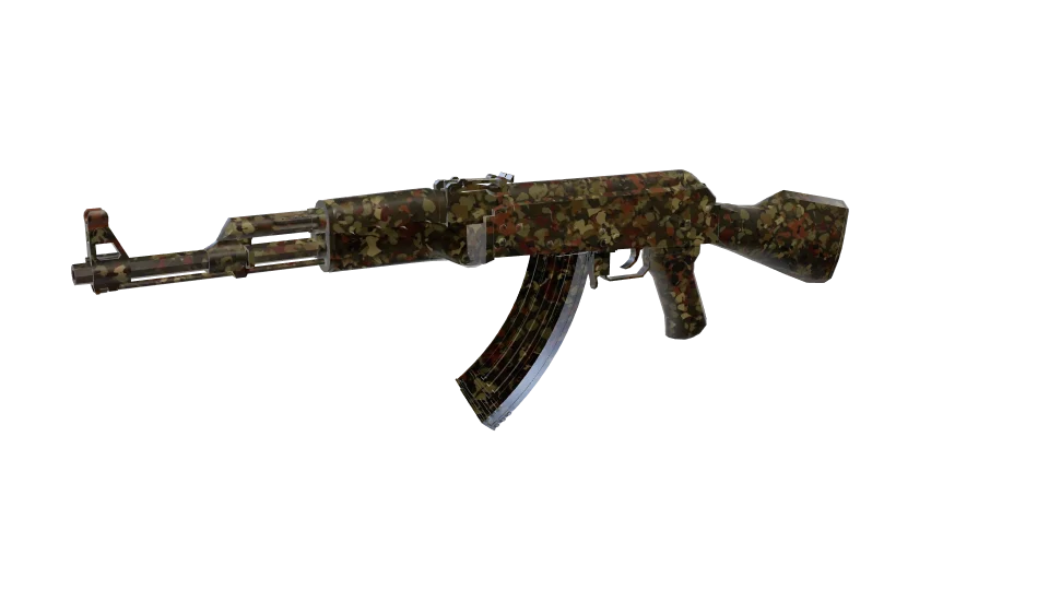 Thicket camo on an AK-47, front three-quarter view