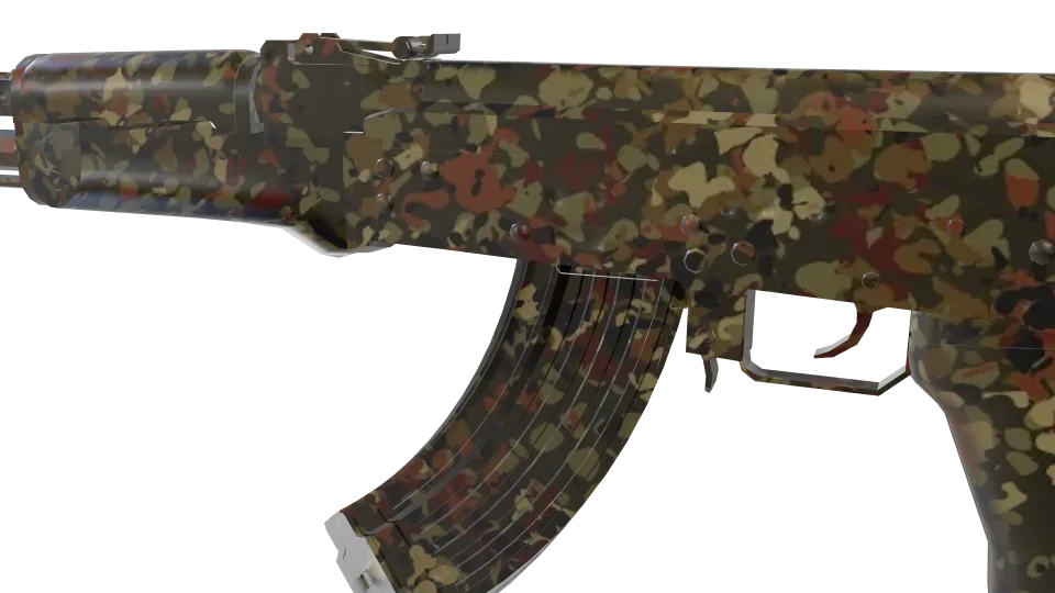 Thicket camo on an AK-47, close-up of the receiver and magazine