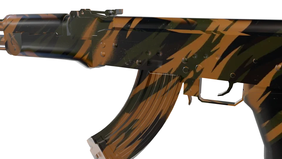 Tiger Swipe camo on an AK-47, close-up of the receiver and magazine