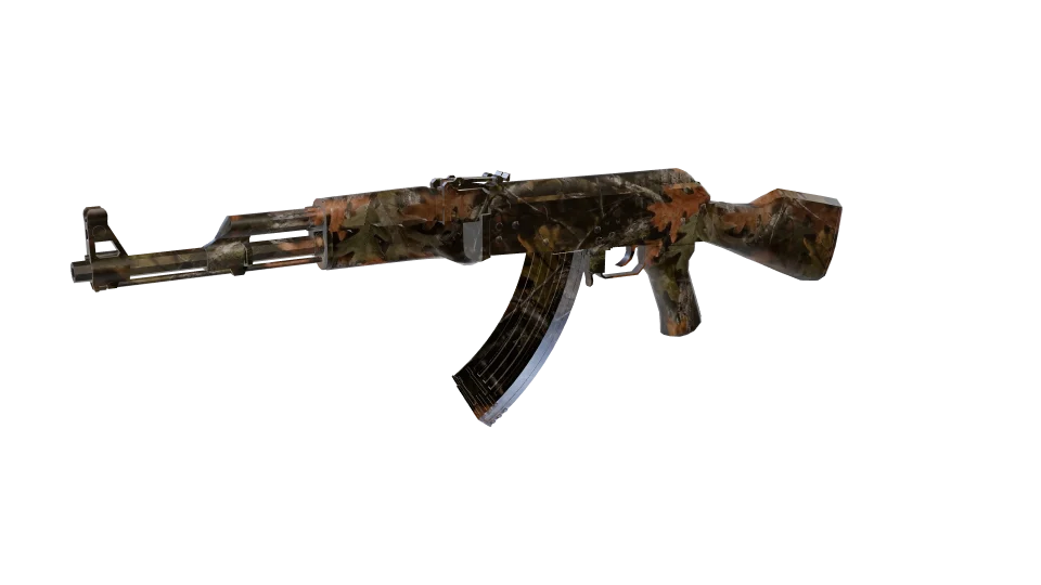 Treeline camo on an AK-47, front three-quarter view