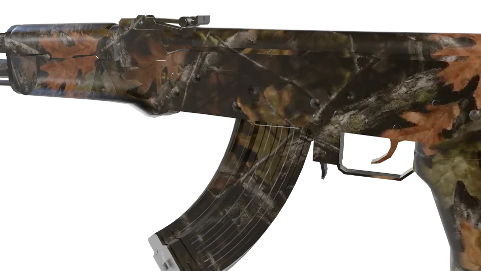 Treeline camo on an AK-47, close-up of the receiver and magazine