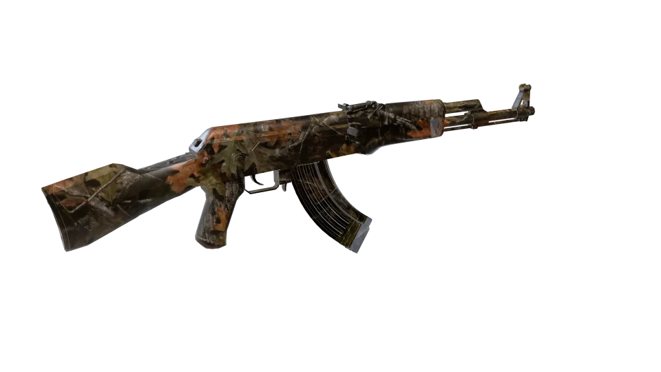 Treeline camo on an AK-47, rear three-quarter view