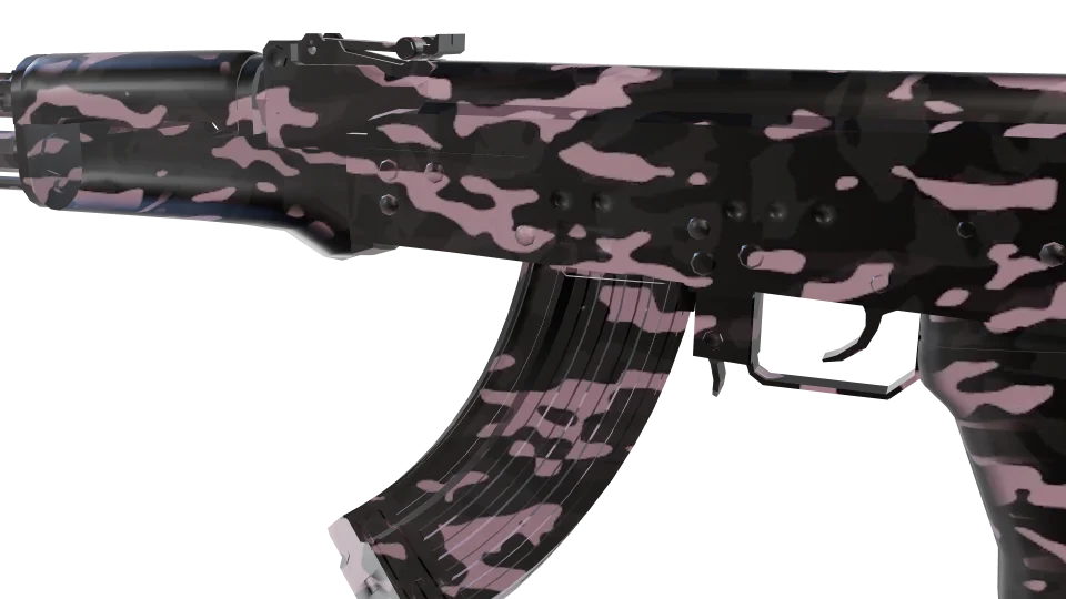 Urban Flamingo camo on an AK-47, close-up of the receiver and magazine