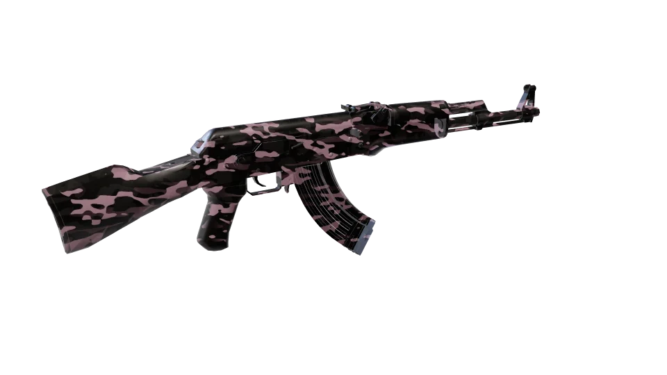 Urban Flamingo camo on an AK-47, rear three-quarter view
