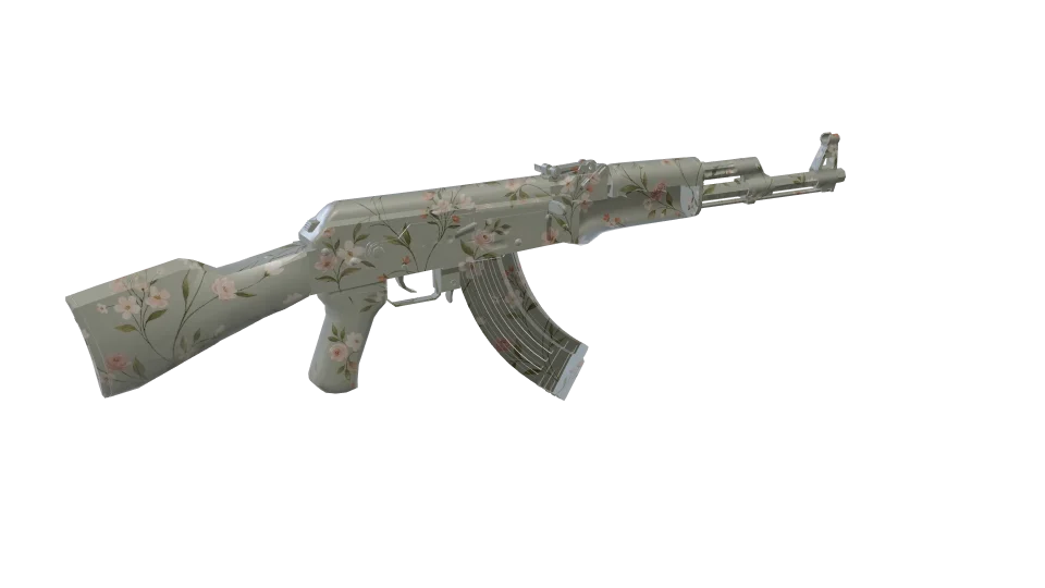 Wallpaper camo on an AK-47, rear three-quarter view