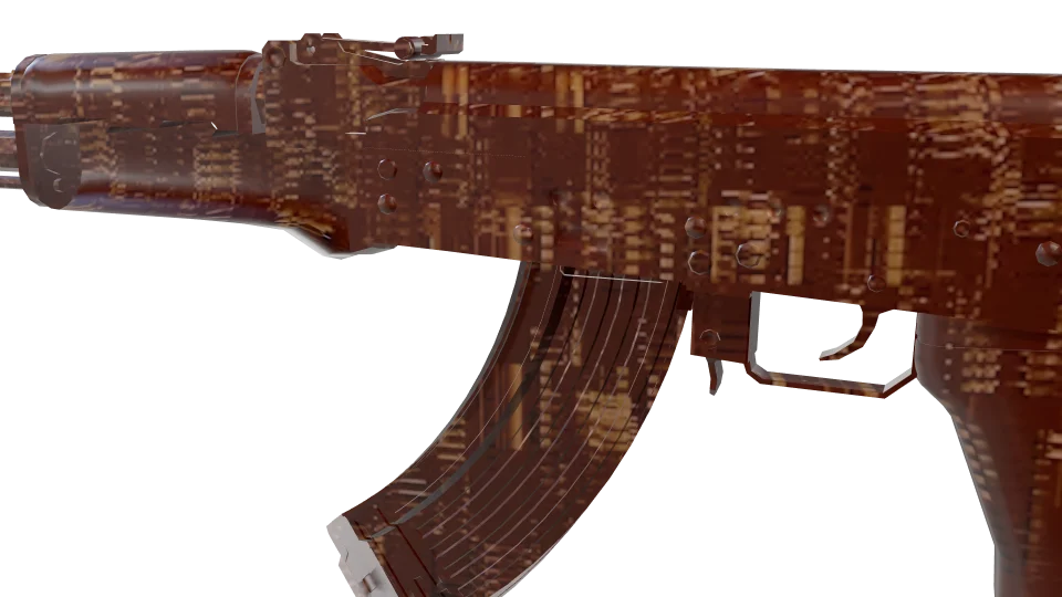 WAR SPOILS camo on an AK-47, close-up of the receiver and magazine