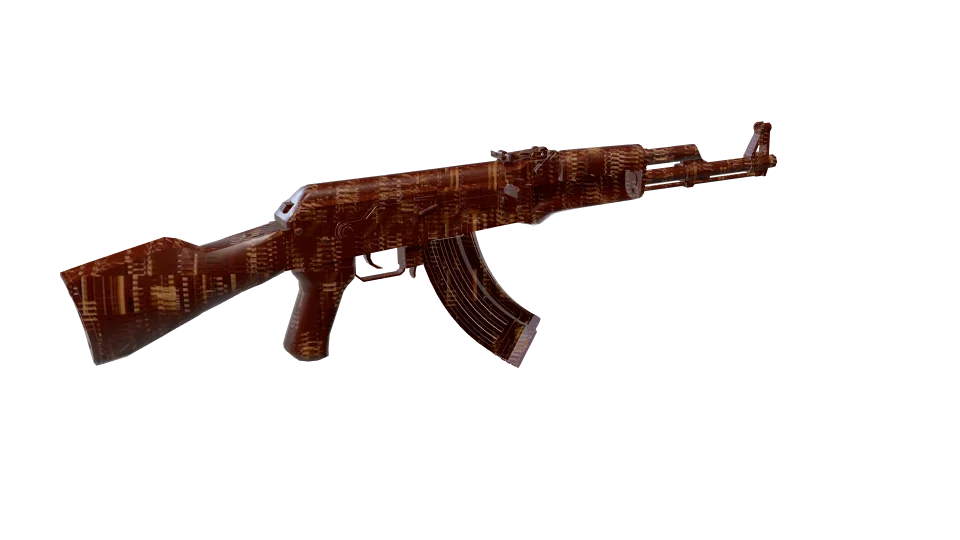 WAR SPOILS camo on an AK-47, rear three-quarter view