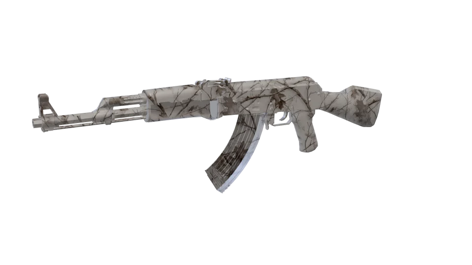 White Pine camo on an AK-47, front three-quarter view