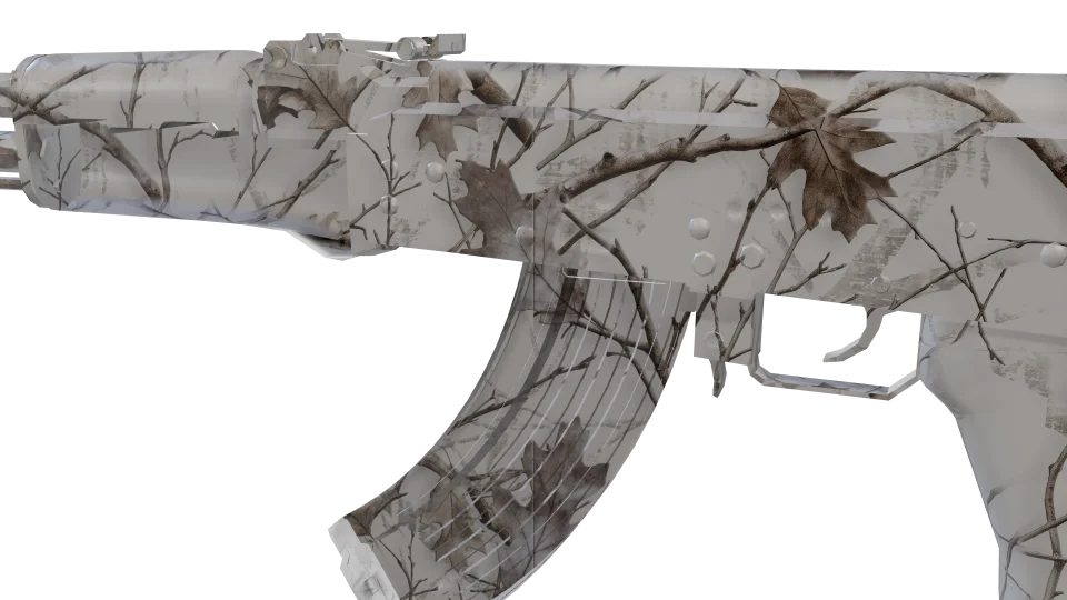 White Pine camo on an AK-47, close-up of the receiver and magazine