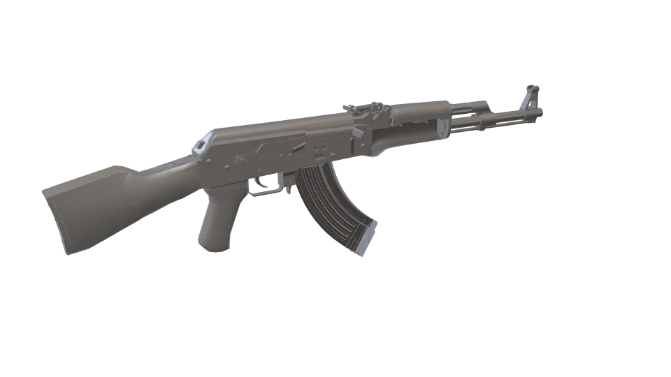 White camo on an AK-47, rear three-quarter view