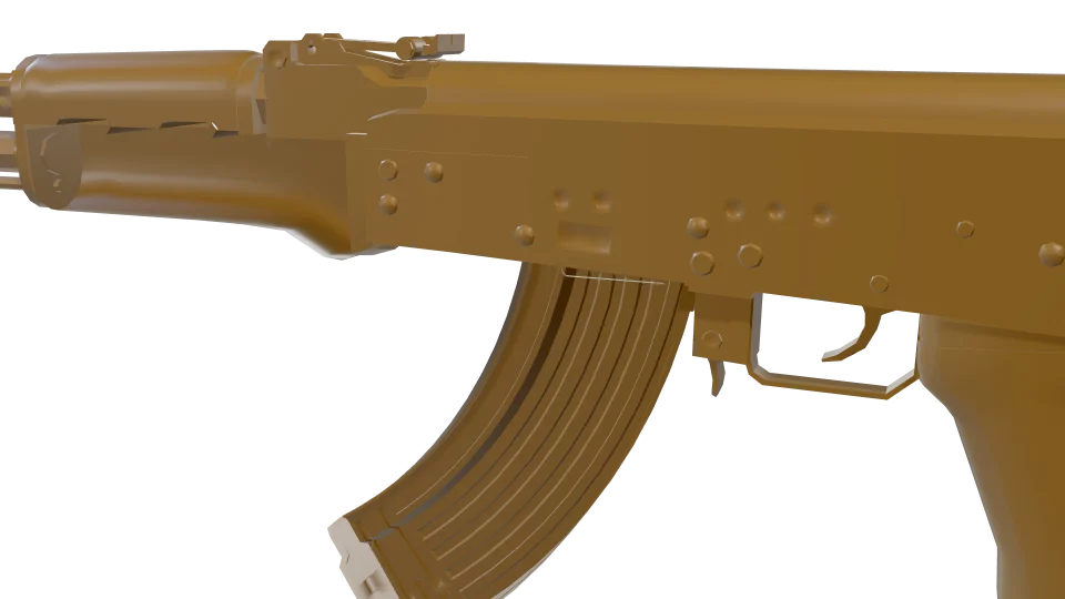 Yellow camo on an AK-47, close-up of the receiver and magazine